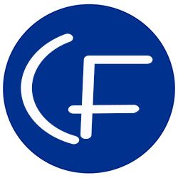 Logotipo de letras "CF" en blanco dentro de un círculo azul.