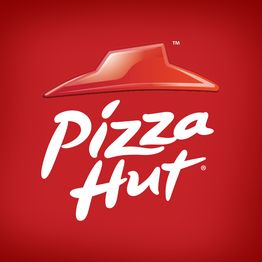 Logotipo da Pizza Hut em fundo vermelho com texto branco e chapéu estilizado no topo.