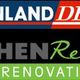 Logo met tekst "KEUKENLAND DESIGN" en "KITCHEN Restyle KEUKENRENOVATIE" in verschillende kleuren.