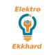 Logo mit Glühbirne und Schraubenschlüssel, orange und blau, Text: "Elektro Ekkhard".