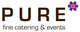 Logo mit Schriftzug "PURE fine catering & events" und einer lila Blume mit rotem Kern.