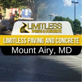 Workers paving a road with text: "Limitless Paving and Concrete, Mount Airy, MD".