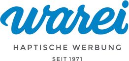 Logo mit blauem "warei"-Schriftzug. Darunter steht "Haptische Werbung seit 1971" in Grau.