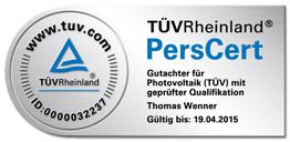 TÜV Rheinland PersCert für Photovoltaik mit Logo und Gültigkeit bis 19.04.2015.