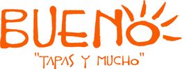 "Oranje tekst 'BUENO' met zonontwerp en daaronder 'Tapas y Mucho' in rood."