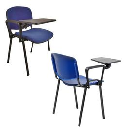 Dos sillas azules con mesa plegable, vista frontal y trasera.