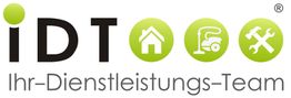 Logo mit Text: "IDT - Ihr Dienstleistungs-Team", Symbole: Haus, Staubsauger, Werkzeuge.