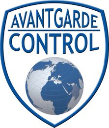 Logo mit Text "Avantgarde Control" über einer Erdkugel, umrandet von einem blauen Schild.