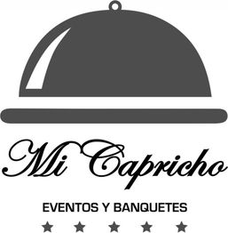 Logo de "Mi Capricho": bandeja de catering, texto "Eventos y Banquetes" y cinco estrellas.