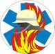 Rettungslogo mit Helm, Flammen und blauer Sternform im Hintergrund.