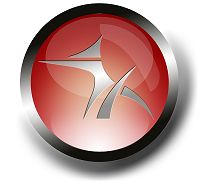 Rotes Logo mit silbernem abstraktem Symbol in einem schwarzen Kreis.