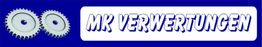 Zwei Zahnräder neben dem Text "MK VERWERTUNGEN" auf blauem Hintergrund.