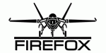 Schwarz-weißes Flugzeug-Logo mit Schriftzug "FIREFOX" darunter.