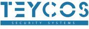 Logo azzurro con scritta "TEYCOS Security Systems" su sfondo bianco.