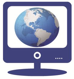 Blauer Globus auf Computerbildschirm-Icon, zeigt Amerika. Symbole für digitale Vernetzung.