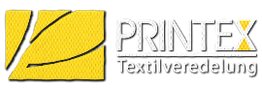 Logo: Gelbes Blatt und Schriftzug "PRINTEX Textilveredelung" auf schwarzem Hintergrund.