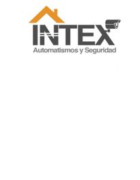 Logo de Intex con casa naranja y cámara, texto: "Intex, Automatismos y Seguridad".