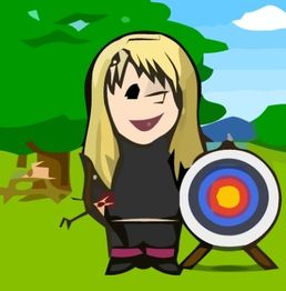 Zeichnung einer Figur mit Pfeil und Bogen neben einer Zielscheibe im Freien mit Bäumen.