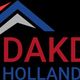 Logo met blauwe en rode daken en de tekst "Dakdekker Holland" op een zwarte achtergrond.