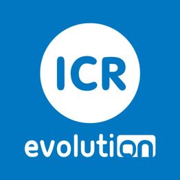 Icono azul con texto "ICR" dentro de un círculo blanco, y "evolution" debajo.
