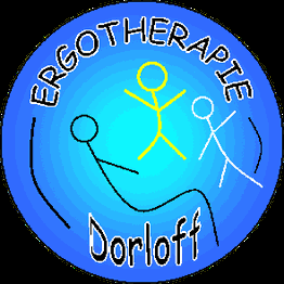 Blauer Kreis mit Schriftzug "Ergotherapie Dorloff" und drei Strichfiguren in der Mitte.