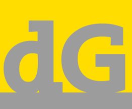 Graue Buchstaben "dG" auf gelbem Hintergrund.