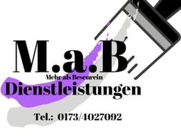 Geschäftslogo mit Pinsel und lila Streifen. Text: M.a.B Dienstleistungen, Tel.: 0173/4027092.