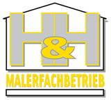 Logo mit "H&H Malerfachbetrieb" in Grau und Gelb vor stilisiertem Hausrahmen.