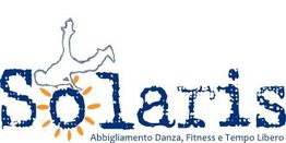 Logo Solaris con figura in salto, sole stilizzato e testo: "Abbigliamento Danza, Fitness e Tempo Libero".