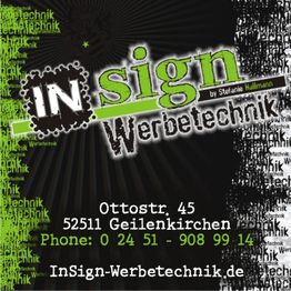 IN sign Werbetechnik-Logo mit Adresse und Telefonnummer in grün und weiß auf schwarzem Hintergrund.
