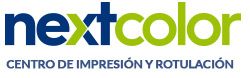 Logo de NextColor, centro de impresión y rotulación, con texto en azul y verde.