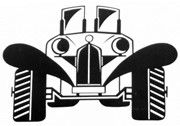 Schwarz-weiße Illustration eines stilisierten, klassischen Autos von vorne.