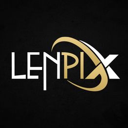 Logo di design con la scritta "LENPIX" in bianco e oro su sfondo nero.