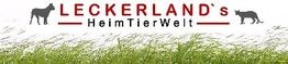 Logo: "LECKERLAND's HeimTierWelt" mit zwei Tier-Silhouetten und Grasstreifen im Vordergrund.