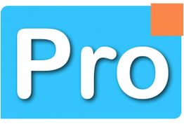 Das Bild zeigt "Pro" in Weiß auf blauem Hintergrund mit einer kleinen orangen Ecke oben rechts.