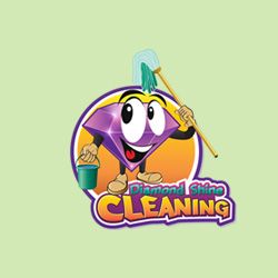Cartoon diamond with a mop and bucket, logo for "Diamond Shine Cleaning" on a green background.