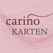 "Logo mit Schriftzug 'carino KARTEN' auf rosa Hintergrund."