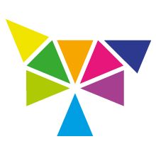 Buntes Muster aus Dreiecken, die einen abstrakten Vogel formen auf weißem Hintergrund.