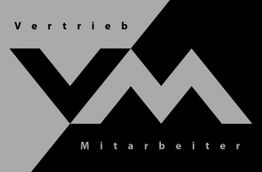 Schwarz-graues Logo mit den Buchstaben "VM" und Text "Vertrieb" oben, "Mitarbeiter" unten.