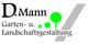 Logo: D. Mann Garten- und Landschaftsgestaltung mit grünen Punkten und grauem Streifen.