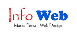 Texto: InfoWeb, Marco Pérez | Web Design en letras rojas y azules.