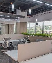 Oficina moderna con paredes de cristal, escritorios compartidos y plantas decorativas verdes.