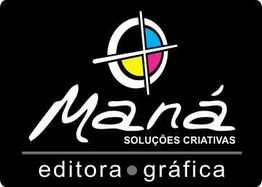 Logotipo da Maná Soluções Criativas com texto: "editora gráfica" em fundo preto.