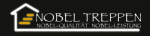 Logo von Nobel Treppen mit Slogan "Nobel Qualität Nobel Leistung", gelbe Treppenstufen im Haus.