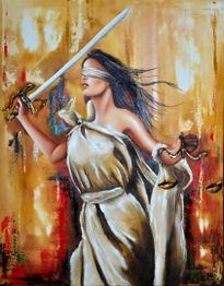 Pintura da Justiça com espada e balança, olhos vendados e fundo em tons quentes.