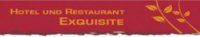 Rotes Banner mit gelber Schrift: "Hotel und Restaurant Exquisite" und Blattmotiv rechts.