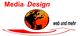 "Logo mit roter Schrift 'Media-Design', Erde-Illustration und Text 'web und mehr' auf Weiß."