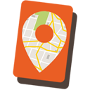 Icône de carte avec une épingle de localisation sur un fond orange et marron.