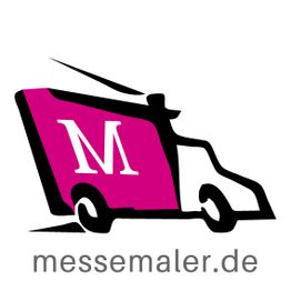 Stilisiertes rosa Auto mit weißem "M", darunter Text: messemaler.de.