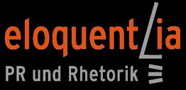 Logo mit Schriftzug "eloquentia PR und Rhetorik" in Orange und Grau auf schwarzem Hintergrund.